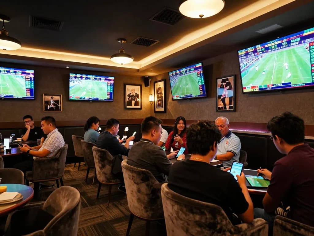 A spirited scene of bettors engaging with 28bet8 in an upscale sports betting lounge, placing live wagers.