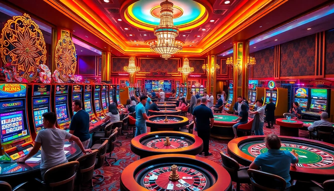 Engage with the thrill of trang chủ 33win through a vibrant casino scene featuring slot machines and poker tables.