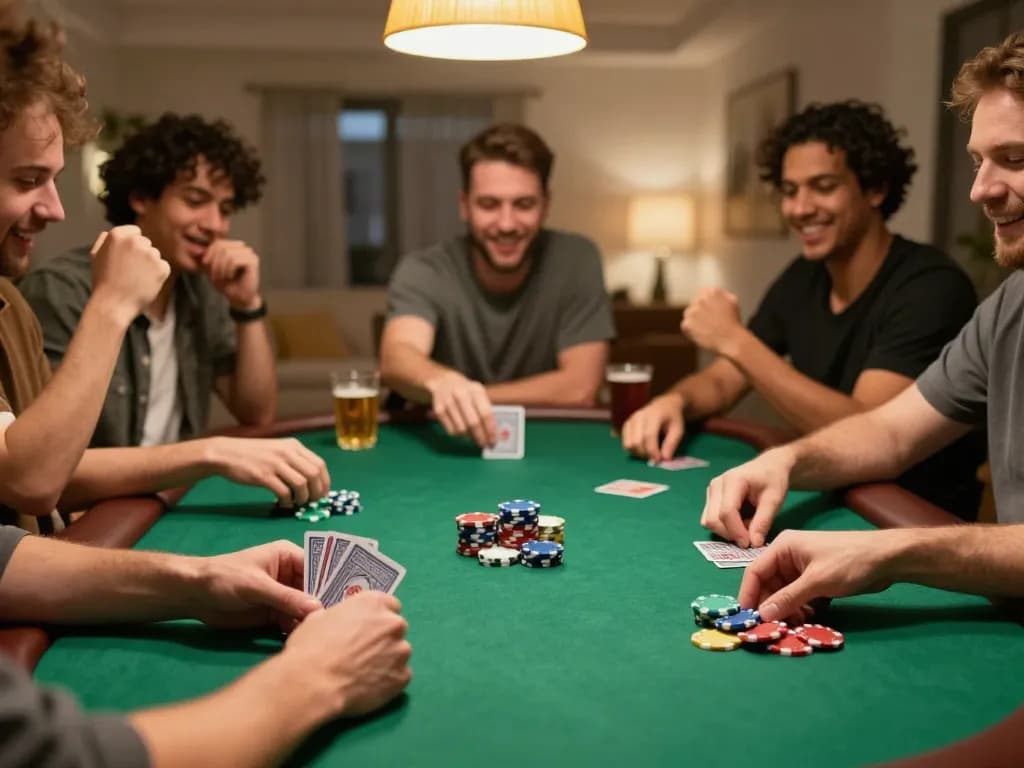 Engaged players enjoying a game bài đổi thưởng during a lively home poker night with snacks and drinks.