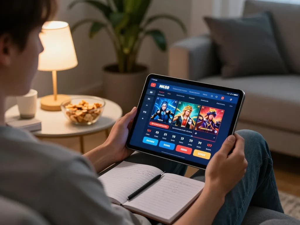 Engaging in online gambling at Nk88 from a cozy home setup with strategic notes