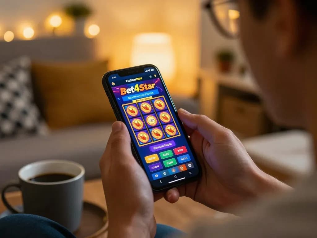 Player enjoying mobile gaming at home with the Bet4Star Casino app on smartphone