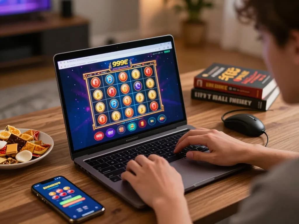 Engaging with 999E casino on a laptop while enjoying cozy home gaming.