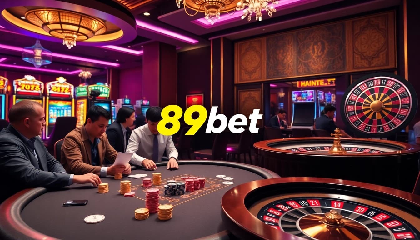Exciting gameplay at the 89bet casino featuring poker, roulette, and vibrant slot machines.