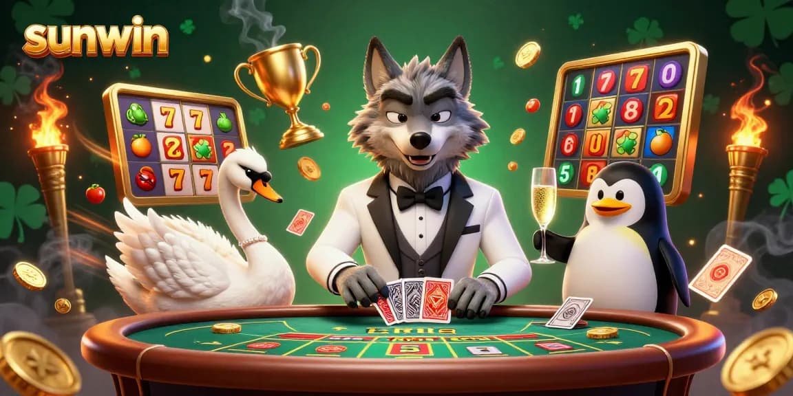 Engage with sunwin's thrilling casino adventure featuring a stylish wolf, swan dealer, and penguin sommelier.
