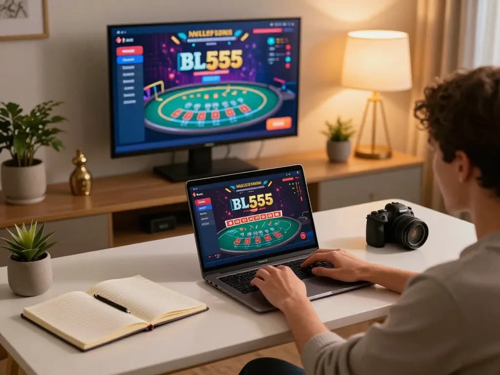 Engaged player exploring the thrilling games at BL555 online casino from a cozy home workspace.