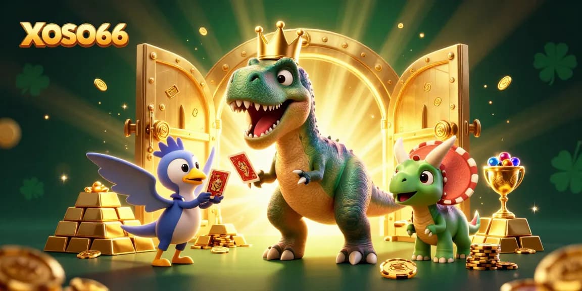 XOSO66 engages players with a dynamic casino scene featuring a T-Rex shuffling cards amid treasure.