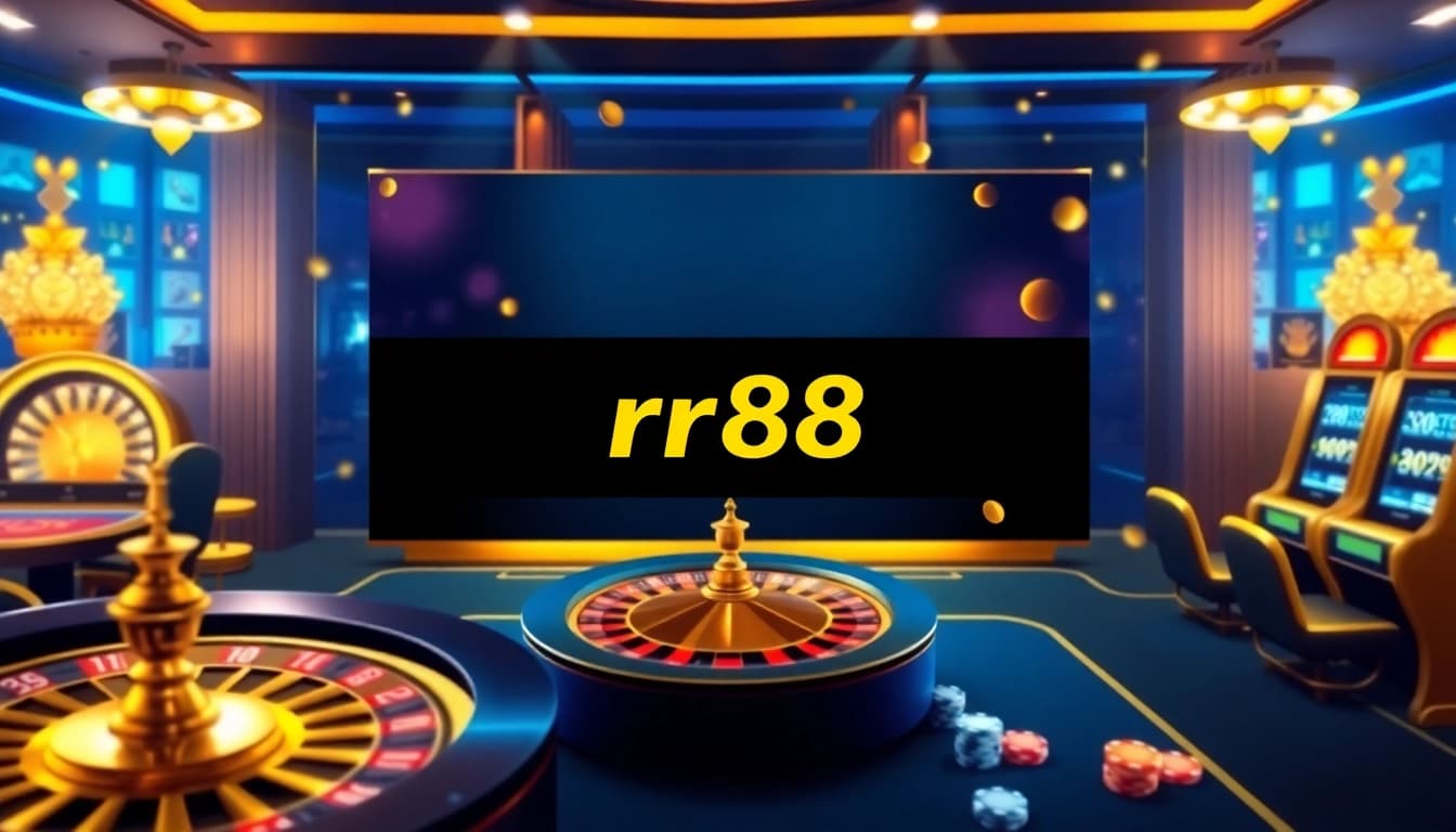 rr88 đăng nhập with an elegant casino interface featuring poker chips and slot machines.
