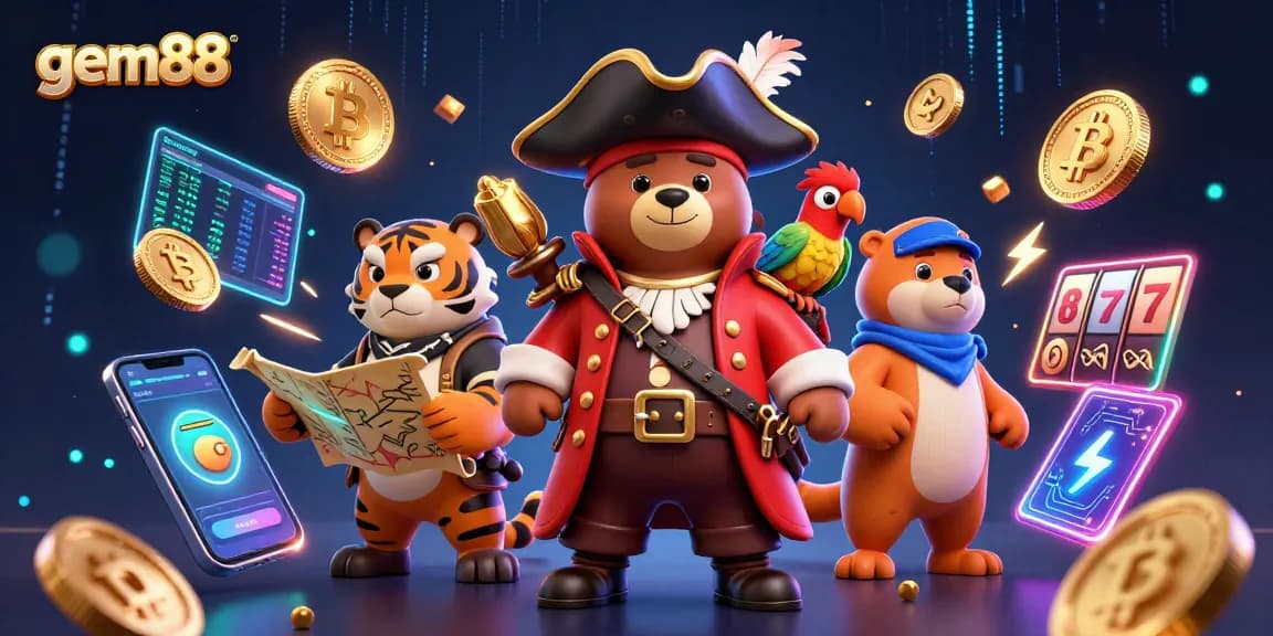 Experience thrilling gameplay with gem88's dynamic 3D illustration of casino adventure featuring iconic characters and epic wins.