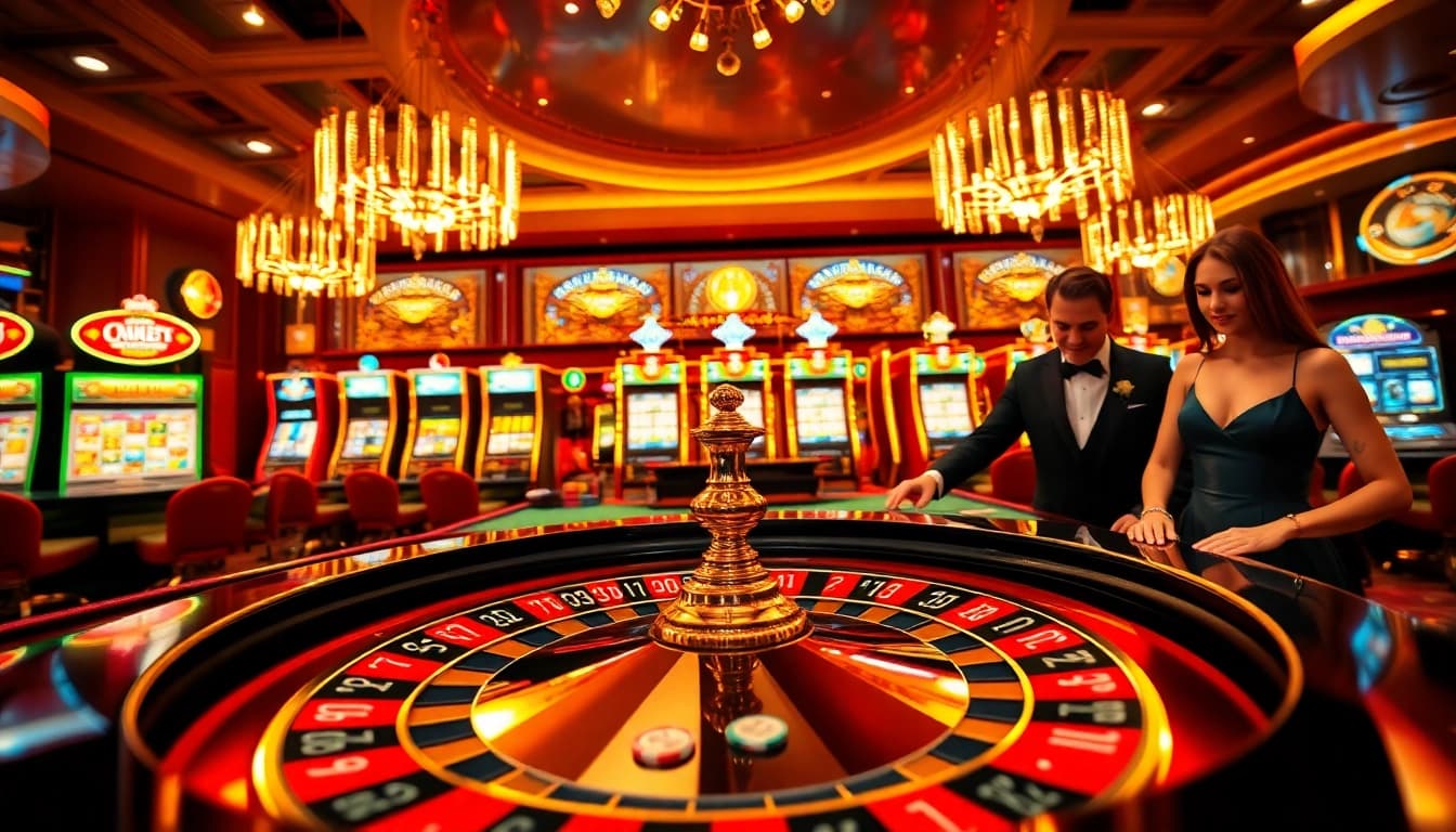 Experience the thrill of XX88 casino with players engaging at a vibrant roulette table, surrounded by dazzling slot machines.