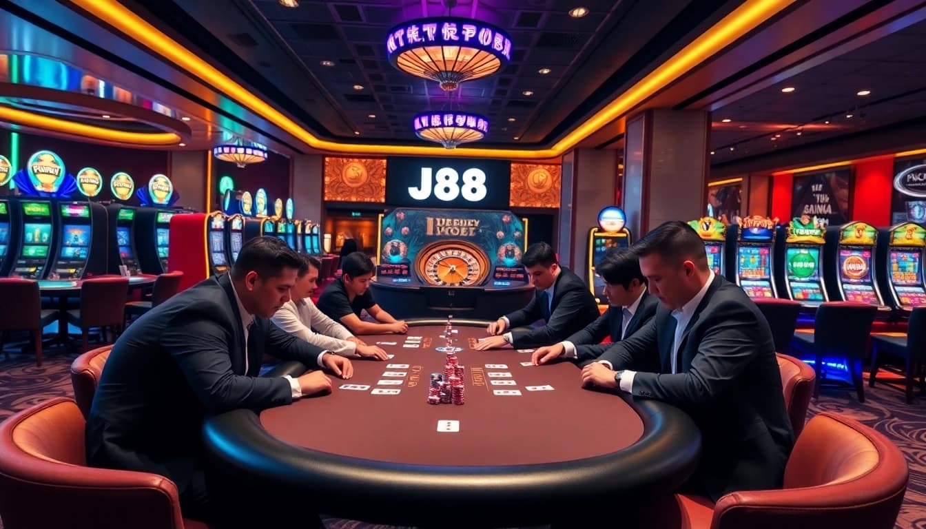 Experience the thrill of J88 poker action at a vibrant casino table with roulette and slot machines.