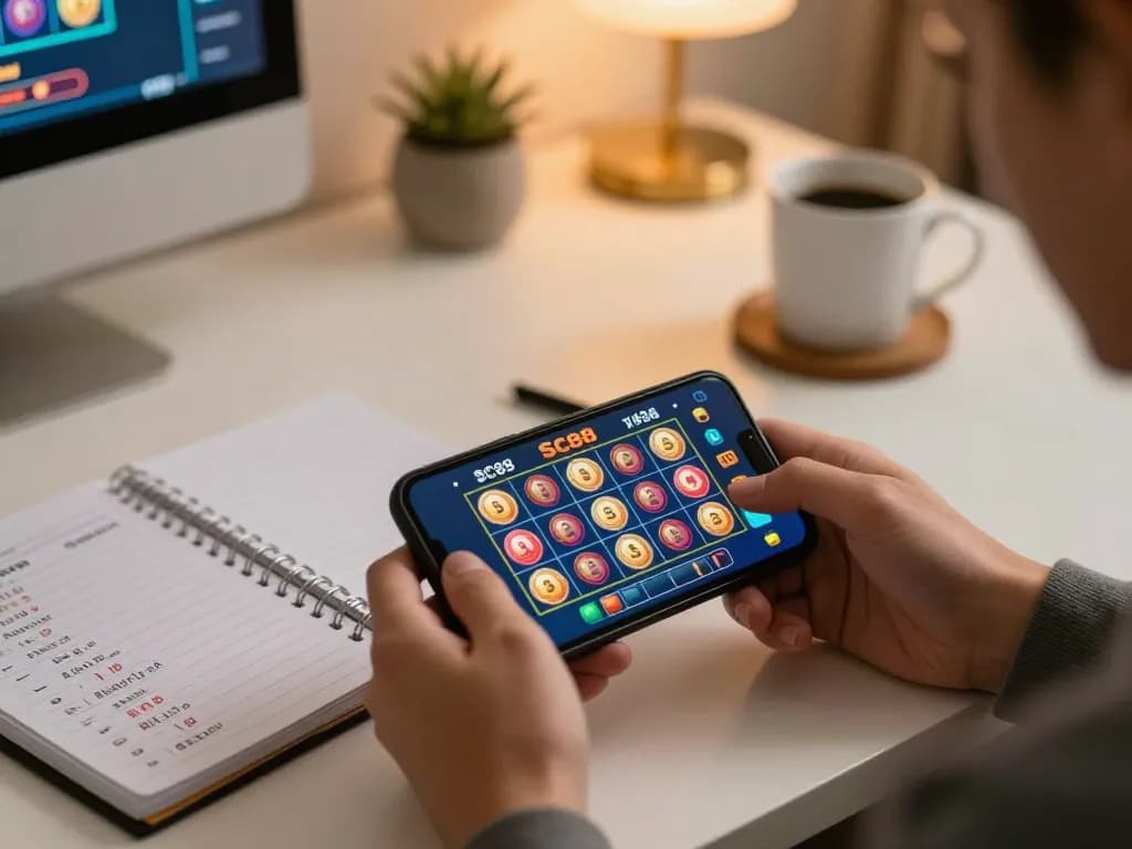 Player interacting with sc88 app on smartphone in cozy home environment while managing online bets