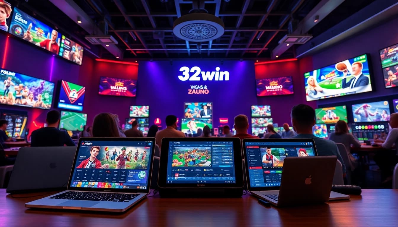 Engaging scene showcasing Nhà cái 32win online gaming platform with vibrant betting interfaces.