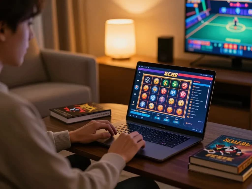 Engaged gambler using SC88 app on laptop for online slot games in a cozy home setting