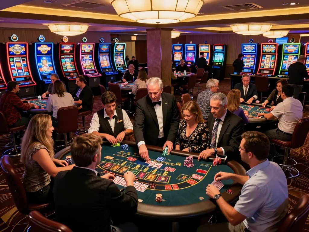 C168 players engaging in blackjack on a vibrant casino floor, emphasizing strategic gameplay and excitement.