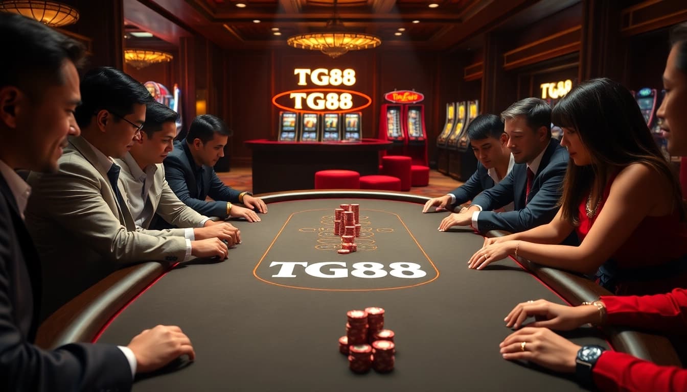 Players at a TG88 poker table engage in an exciting game, showcasing high-stakes gambling.