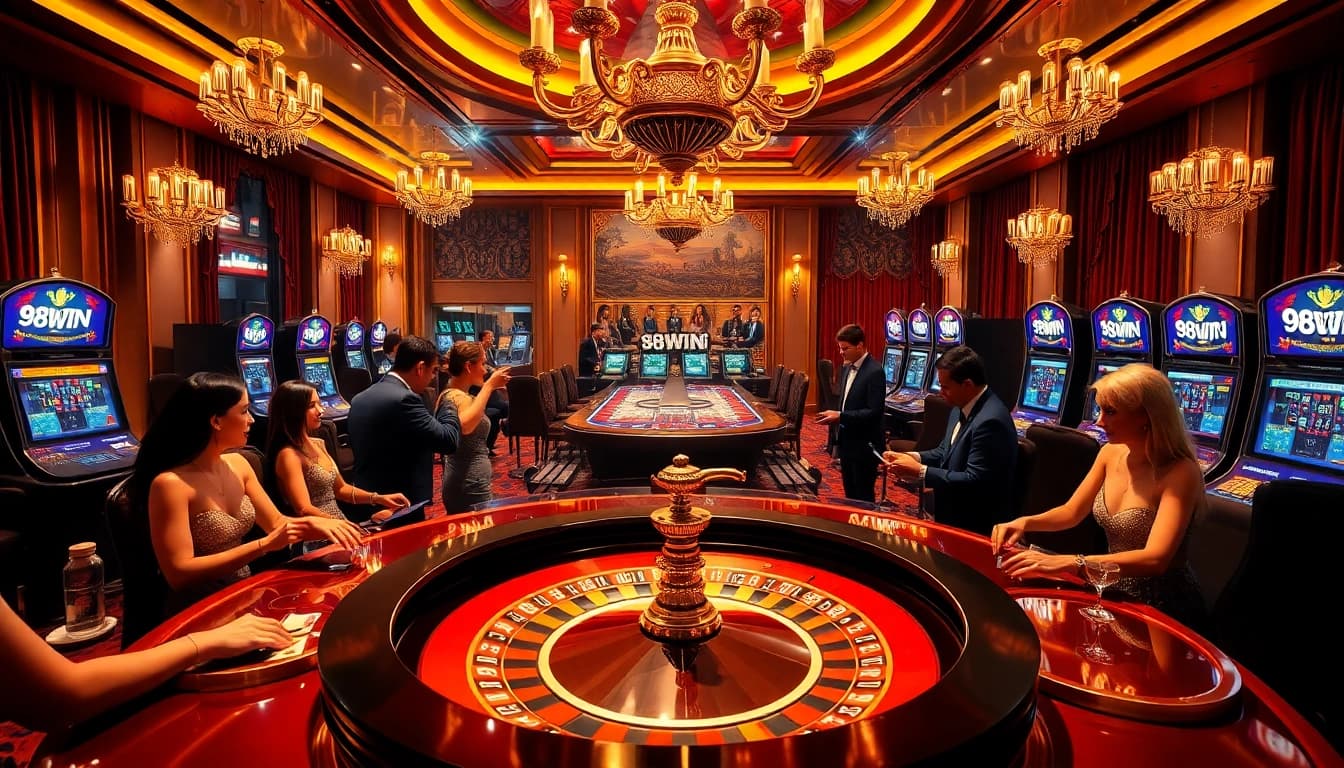 Players enjoying thrilling casino games at 98WIN, featuring vibrant roulette and slot machines.