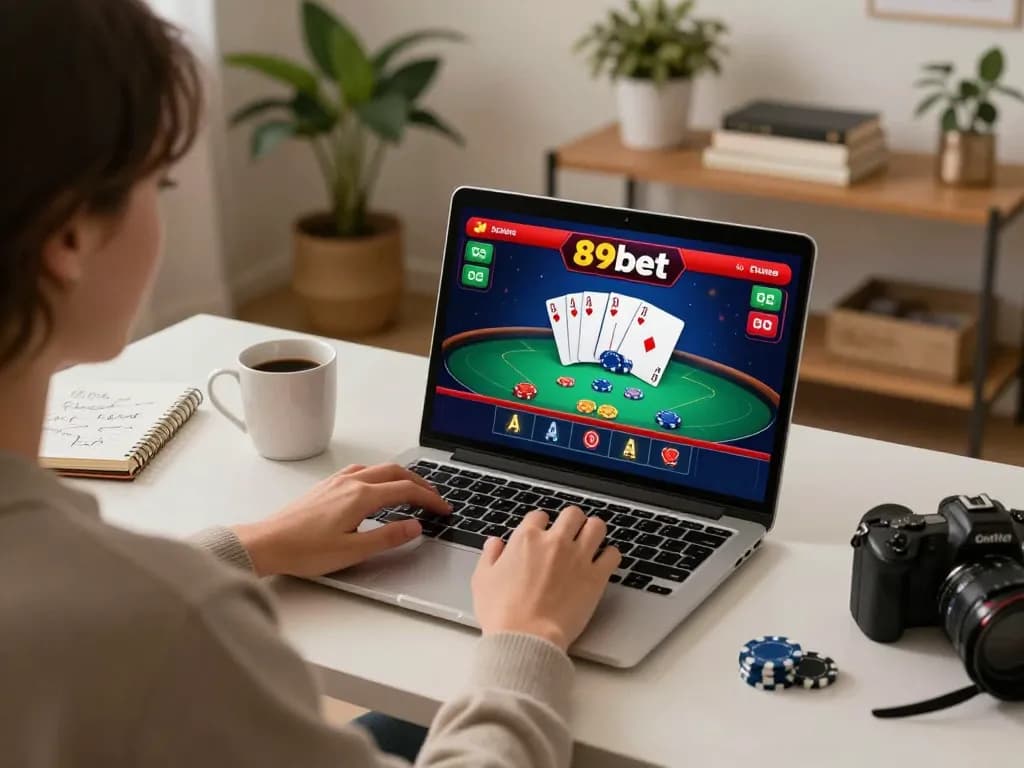 Player enjoying 89bet online casino gaming at home with poker on laptop, focused ambiance.