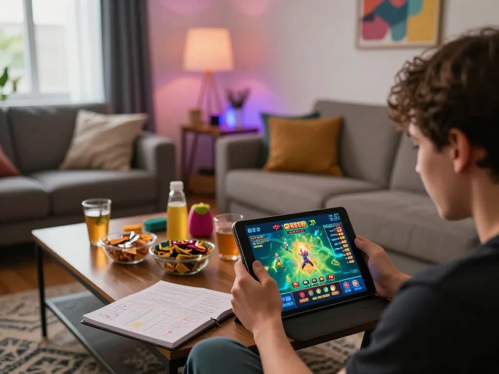 Play exciting games on the 8EEE app in a cozy home environment with a tablet showing winning features