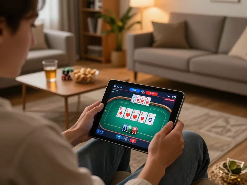 Twin68 online gaming session shows a player enjoying a poker game on a tablet in a cozy living room.