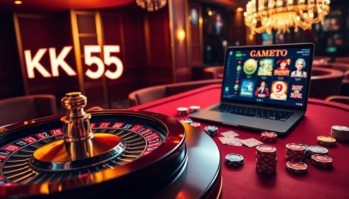 Experience top-tier casino excitement at KK55 with roulette, poker chips, and vibrant gaming visuals.