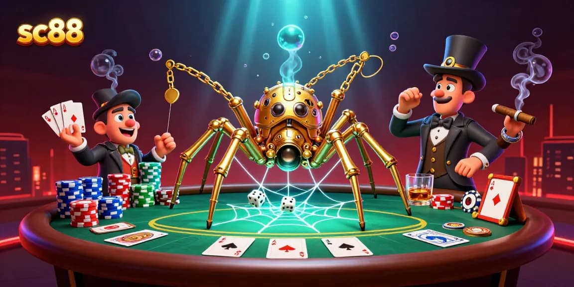 Engage in dynamic sc88 poker gameplay with a steampunk spider, golden chains, and colorful chips.
