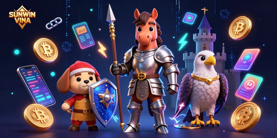Engage in thrilling gameplay with SUNWIN VINA, surrounded by colorful crypto gaming elements.