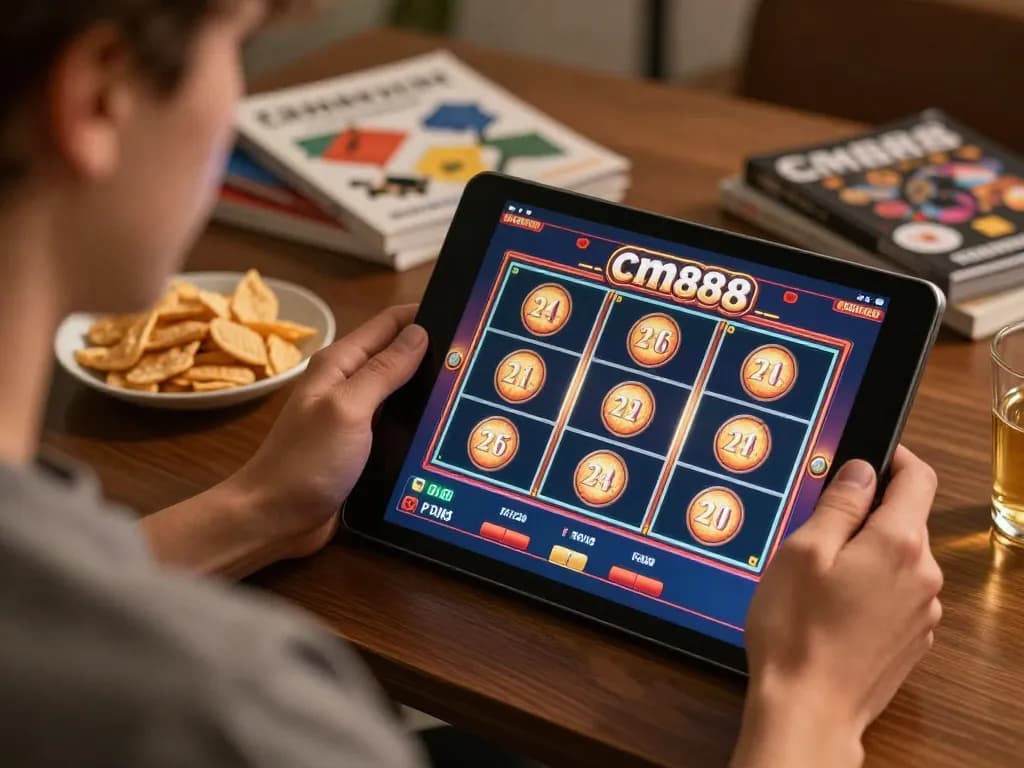 Player engaging in online slots at cm88 from a cozy home setup, emphasizing responsible gaming.