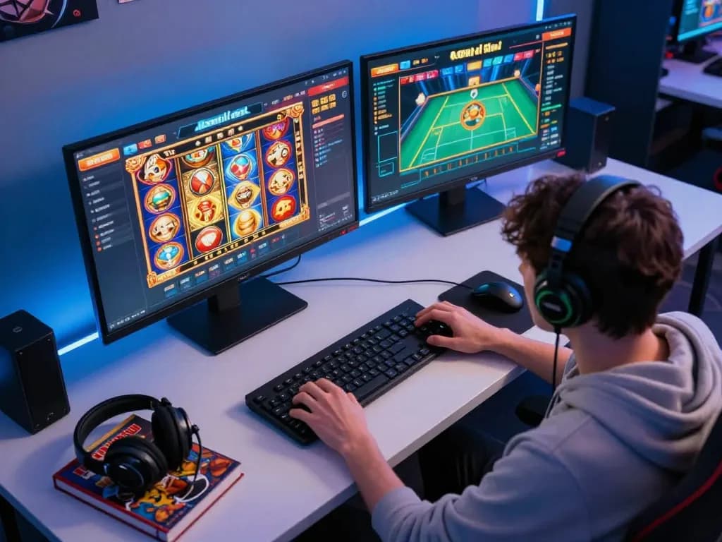 Engaged player using me99 online casino on dual monitors, showcasing vibrant gaming action and strategy.