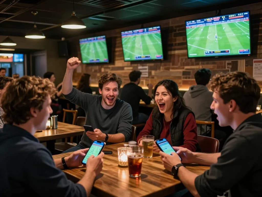 KQBD sports bettors cheer for live match updates and strategic betting wins at a sports bar.