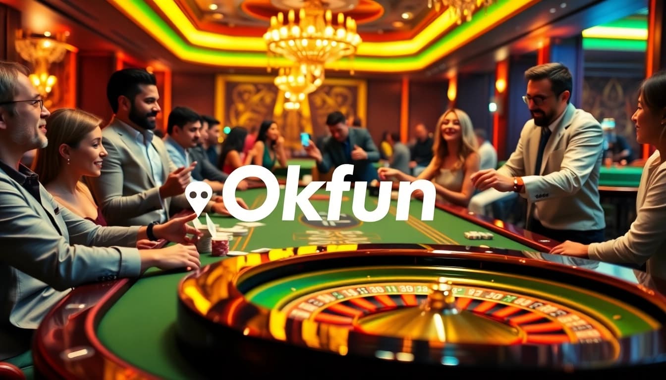 Playing cards and poker chips showcased at a vibrant casino table, representing Okfun's engaging gambling experience.