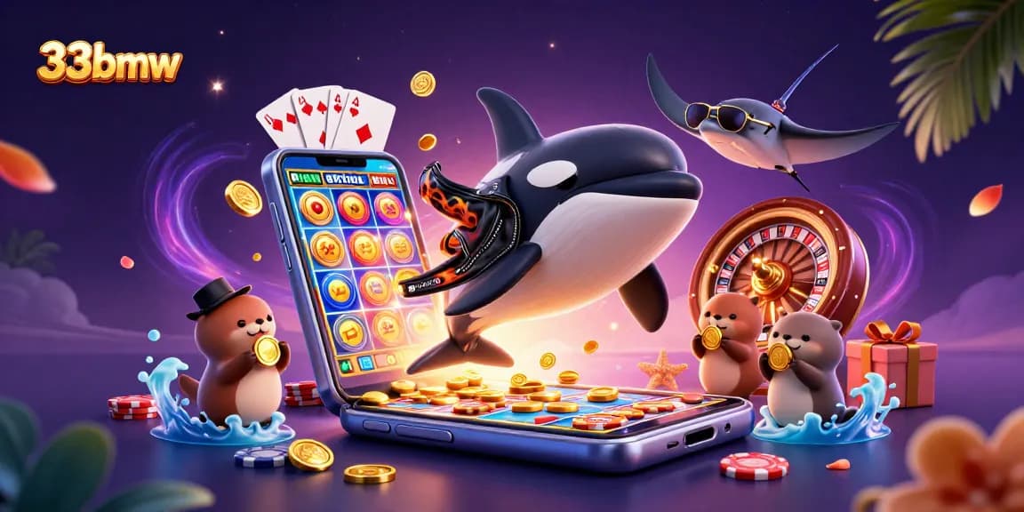 Experience the vibrant action of 33bmw with a colorful illustrated scene of a whale, stingray, and otters interacting with dynamic gambling elements.
