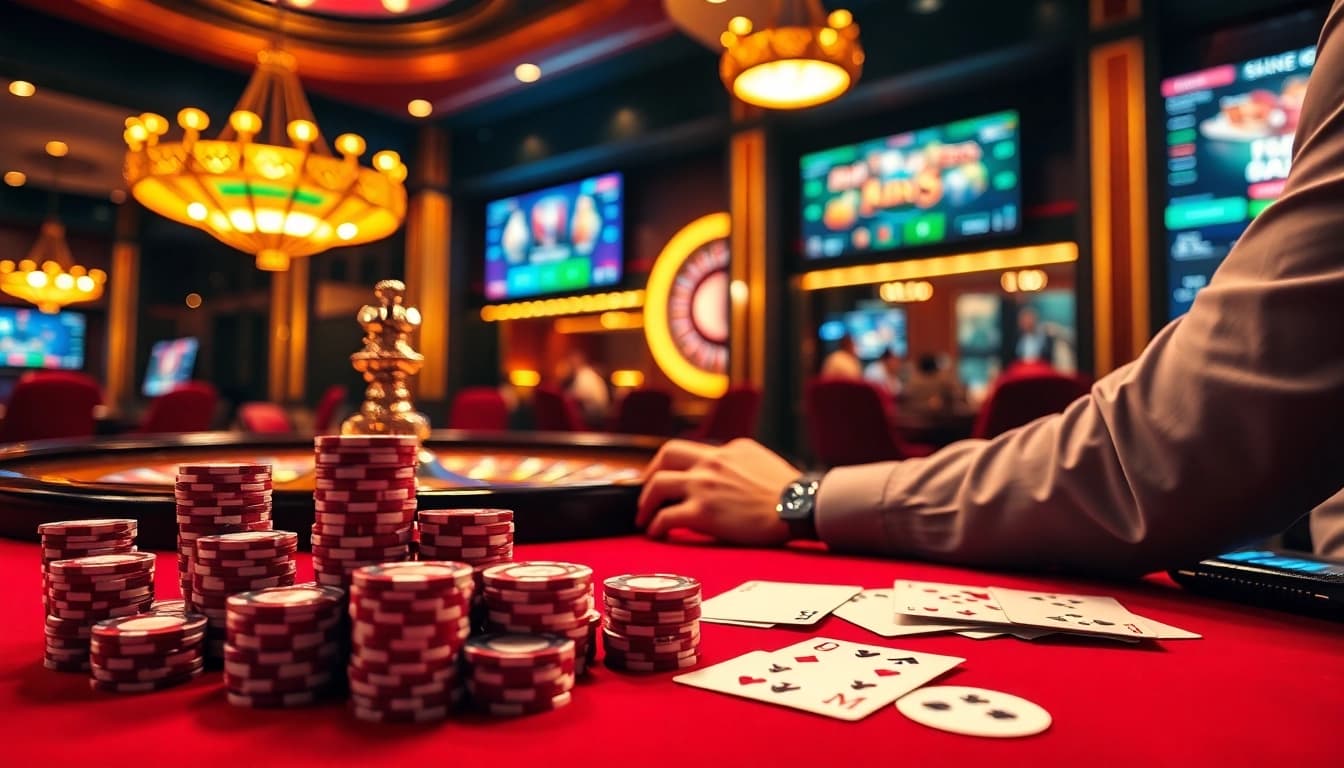 Excited gamer placing bets at 8kbet online casino atmosphere with vibrant colors and lighting.