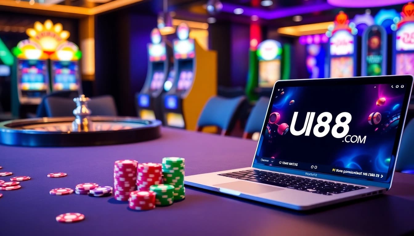Play poker at UU88 com with vibrant chips and cards in a sophisticated casino setting.
