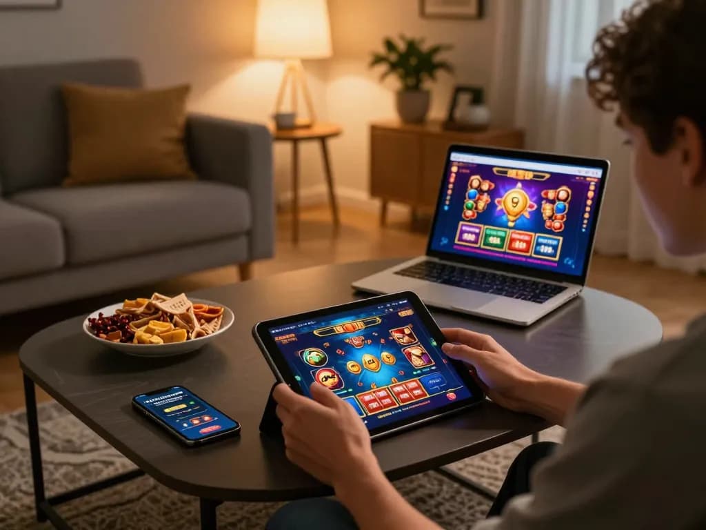 Engaging in online gambling with nhà cái jun88 on a tablet, showcasing dynamic game interface in a cozy home setting.