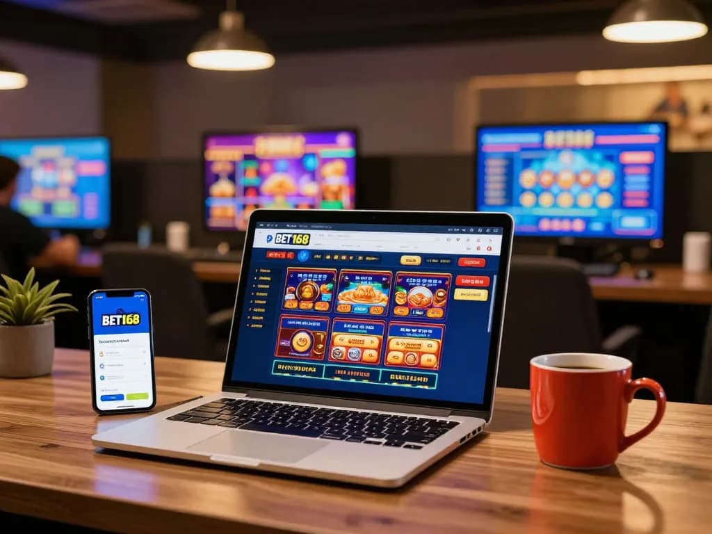 Engaging with BET168 casino app on laptop demonstrating online betting experience.