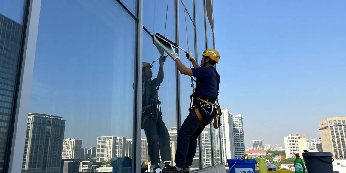 Window cleaner performing glasreinigung preis in urban setting, showcasing sparkling city views.