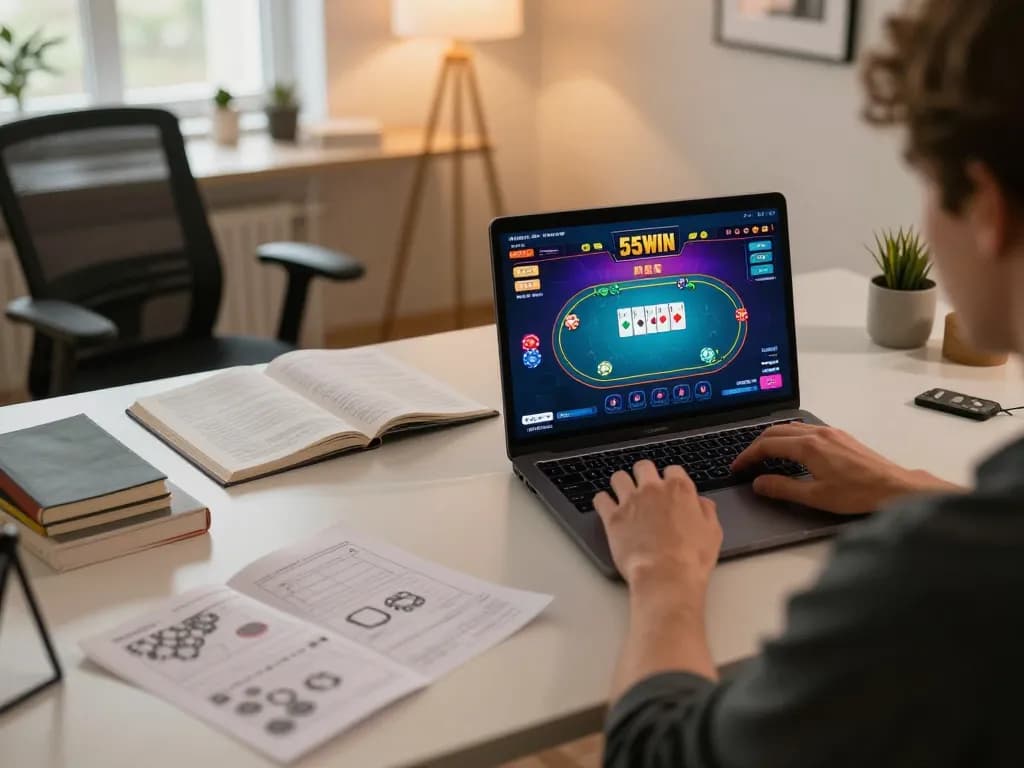 Engaging in poker on 555WIN platform at home, showcasing vibrant game interface and strategic notes.
