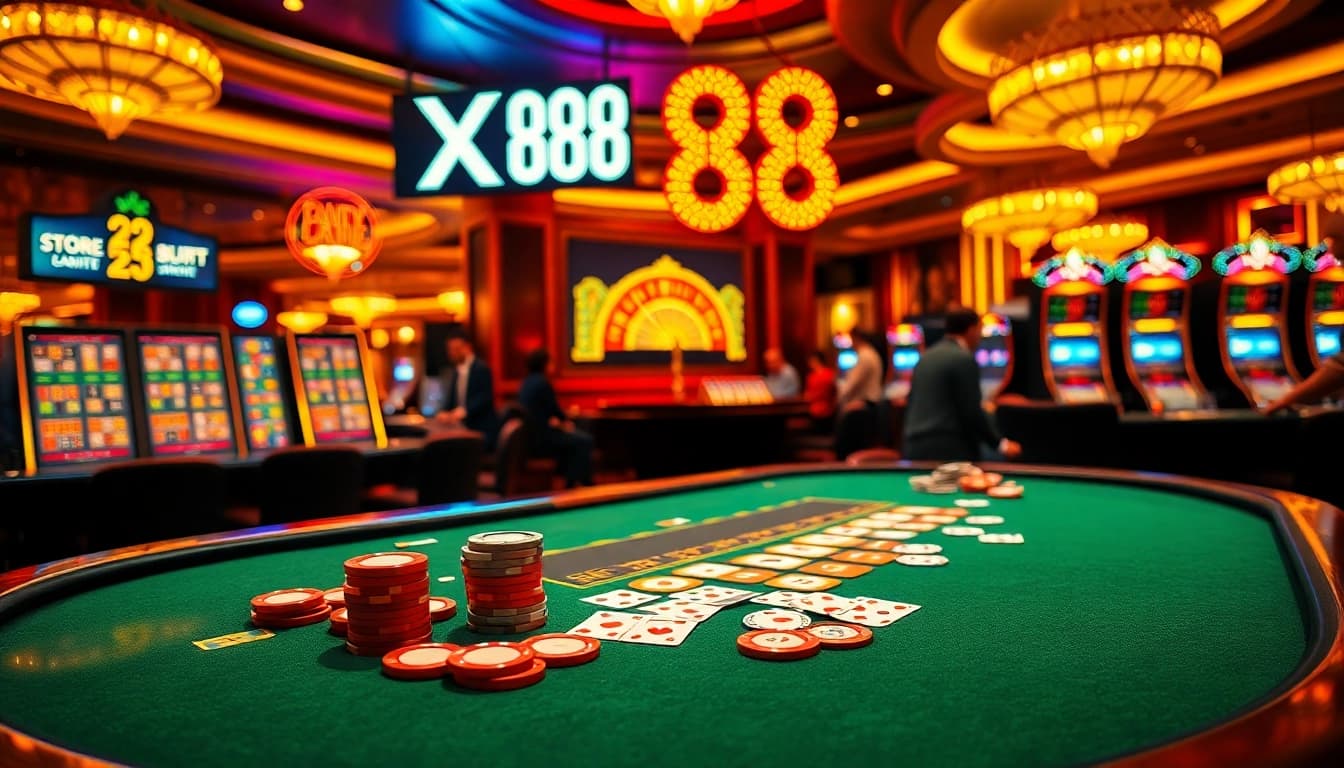 Experience the thrilling action at XX88's luxurious poker tables in an engaging casino setting.