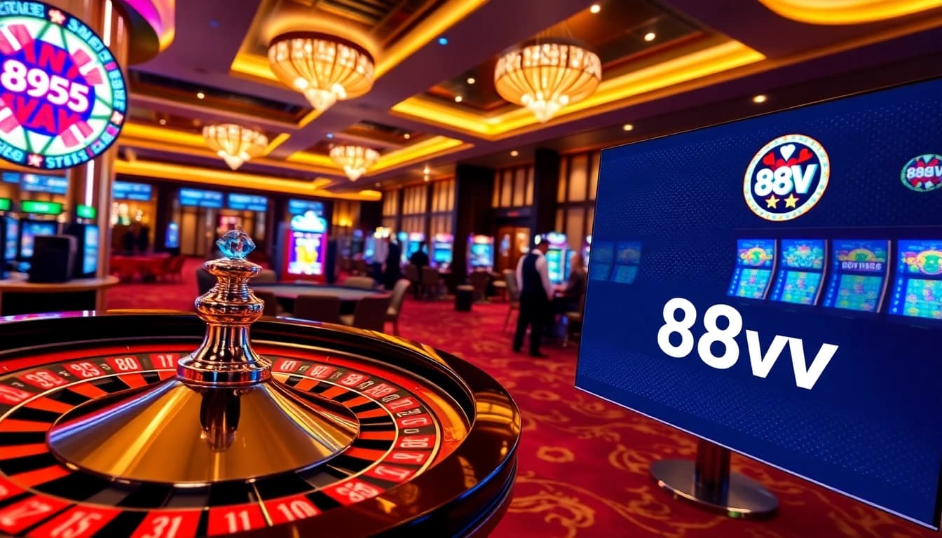 Experience the excitement of gambling at 88vv with an elegant casino atmosphere featuring a roulette wheel and poker chips.