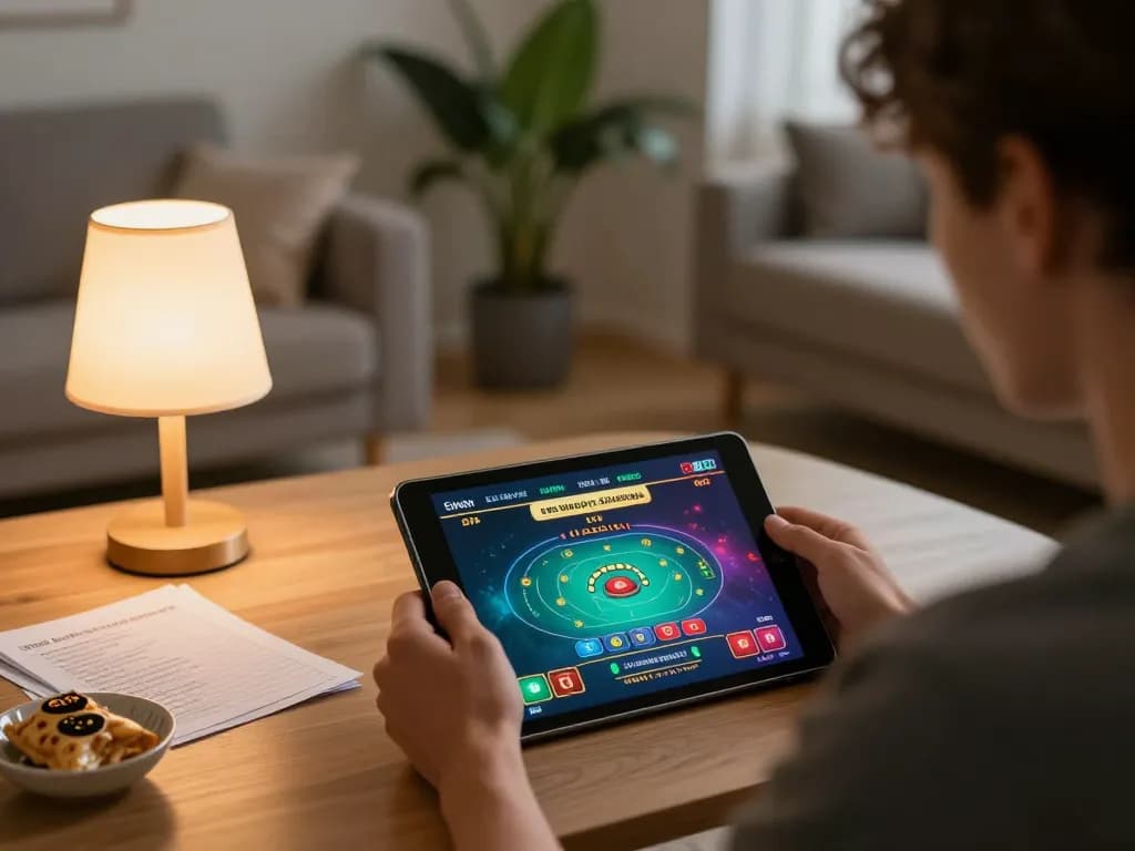 Person enjoying online casino gameplay through U888 on tablet in a cozy home setting