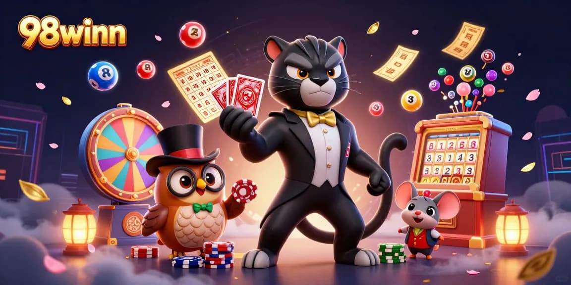 Join the excitement at 98winn as a stylish panther deals cards amidst lively gambling elements.