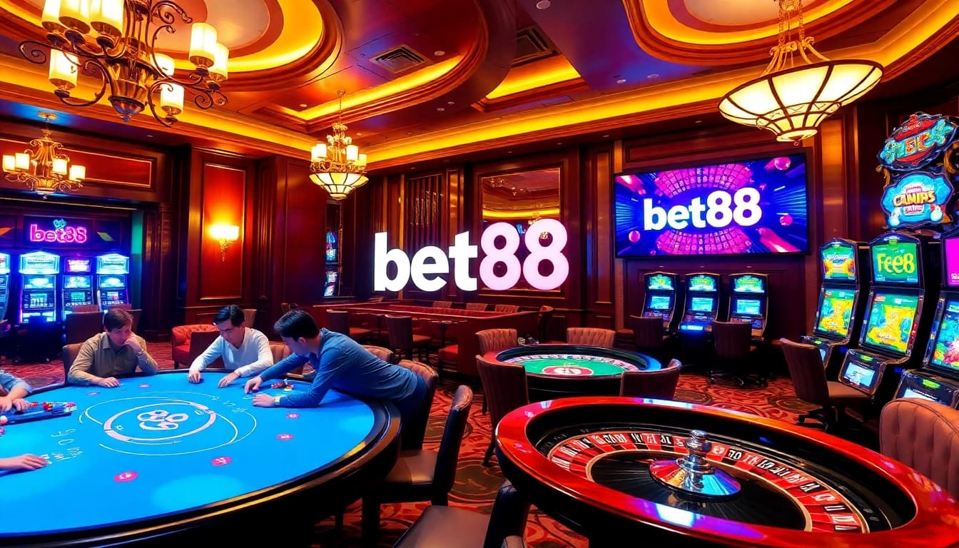 Bet88 showcases an exhilarating poker scene in a luxurious casino environment, inviting gamblers to play.