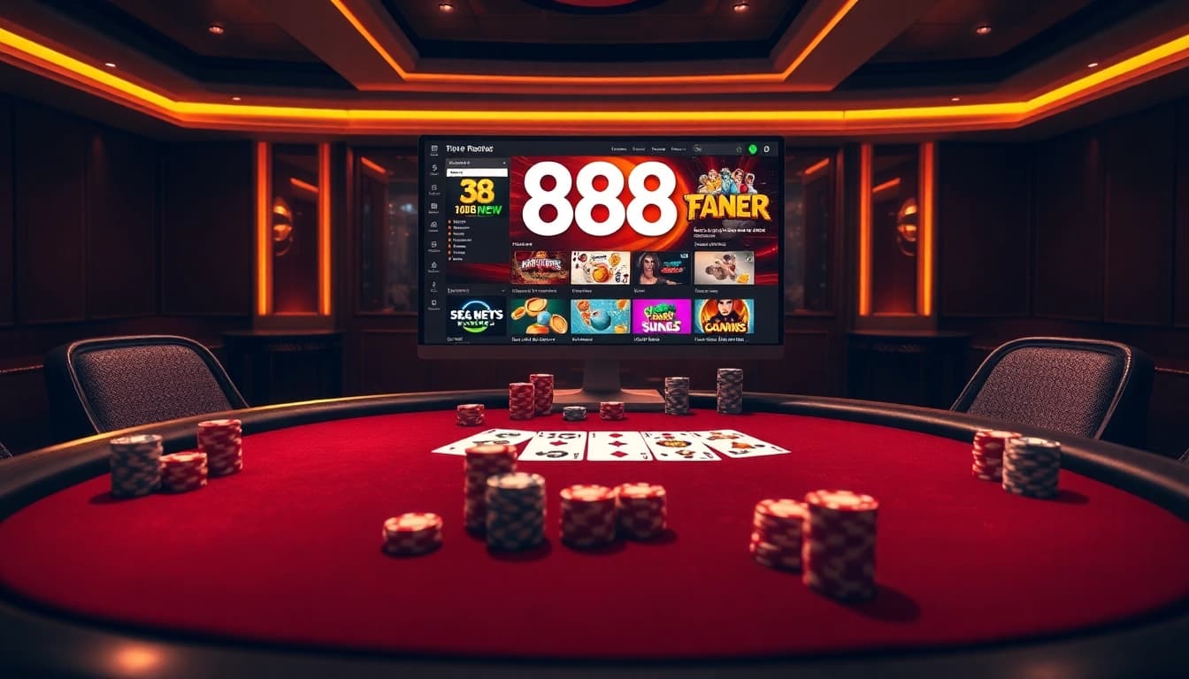 Players engage in thrilling games at 888NEW online casino with vibrant poker tables and digital interfaces.