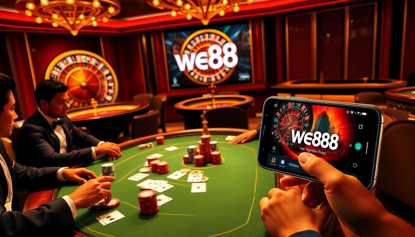 Players enjoying a thrilling poker game at WE88, surrounded by a lively casino atmosphere.