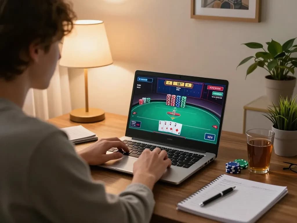 Person engaging in online poker gaming at home with hitclub interface, chips visible on screen.