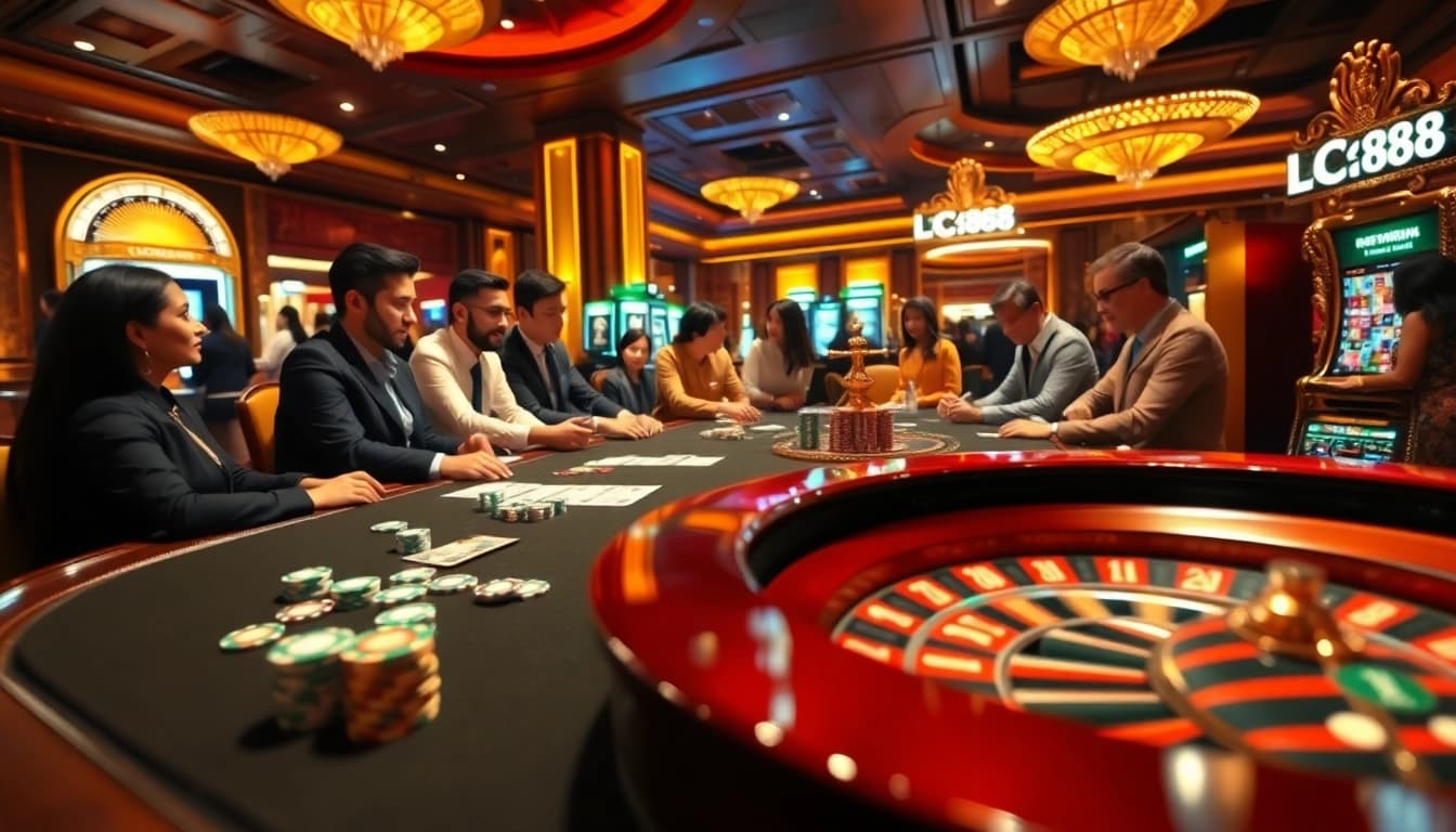 Engaging casino scene with players focusing on gameplay at LC88 tables, showcasing luxury and excitement.