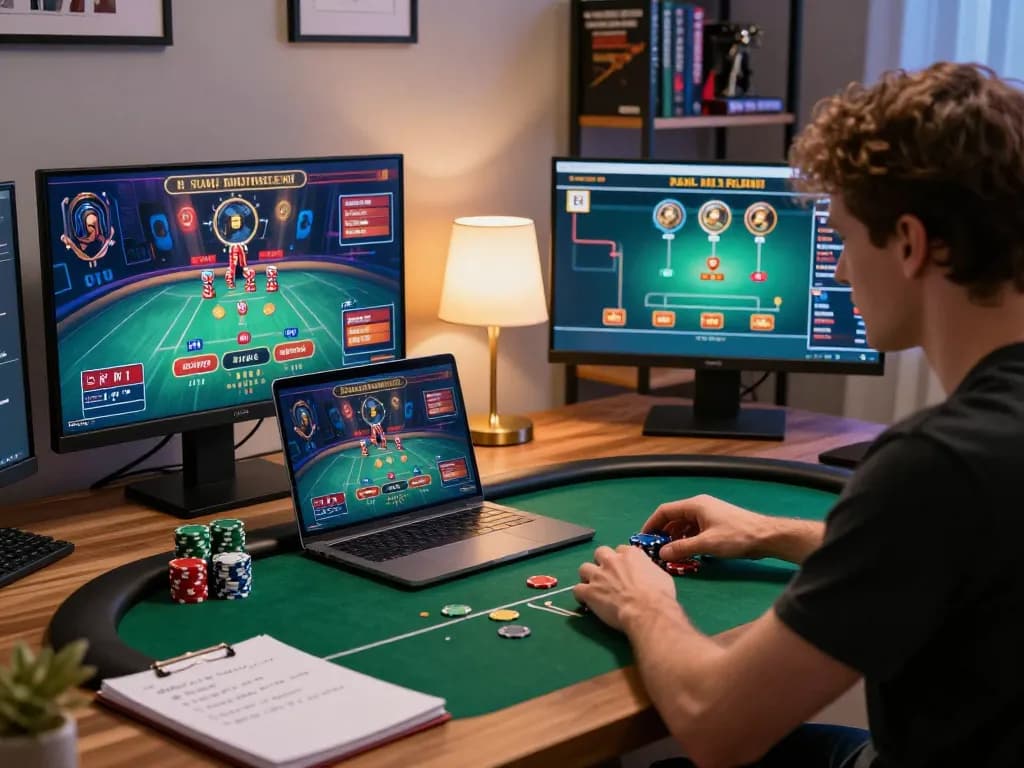 Person strategizing in poker game using sc88 online interface, focused on gameplay.