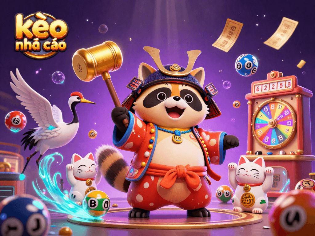 Engage in casino fun with kèo nhà cái, featuring a lively scene of tanuki and fortune cats.