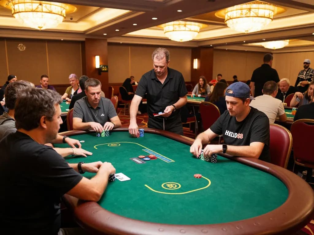 Hello88 players engaging in a thrilling poker game, showcasing strategy and excitement.
