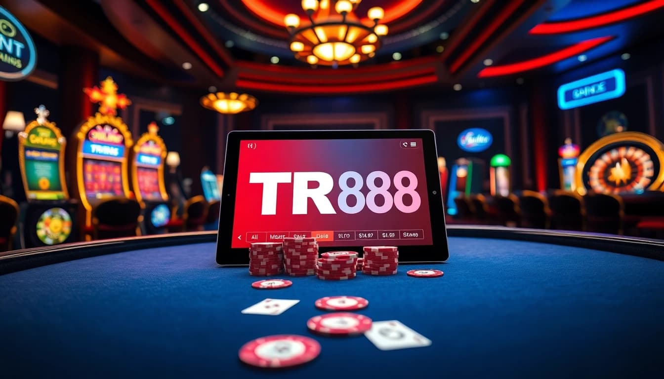 Immerse in the excitement of TR88 with a luxurious casino setup featuring poker, slots, and advanced gambling interfaces.
